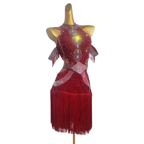 Custom Size Wine Red Bling Fringe Competition Latin Dance Dresses for  Women Girls Kids Salsa Rumba Chacha Performance Art Test Dancing Outfits