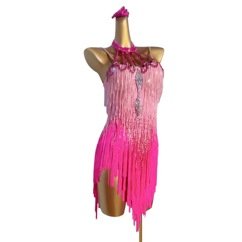 Custom Size Pink Royal Blue Bling Fringe Latin Dance Dresses for Women Girls Kids Salsa Rumba Chacha Black Pool Dancing Outfits