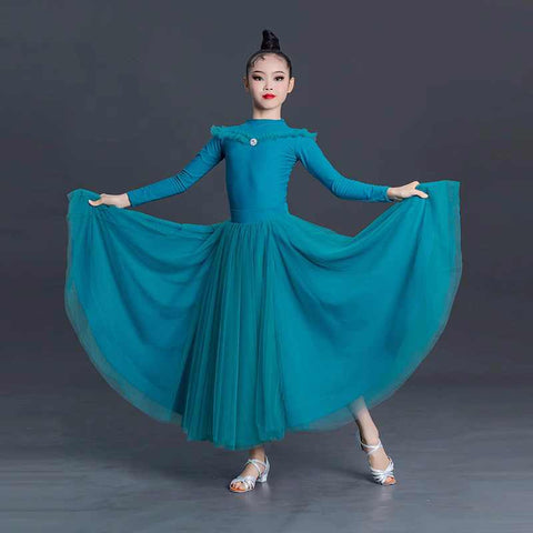 Children's Girls Blue Grey Ballroom Modern Dance Dresses for Kids Girls Long Sleeves High Neck  Waltz Tango Ballroom Dance Skirts for Kids