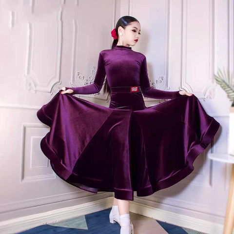 Girls Blue Purple Grey Velvet Ballroom Latin Dance Dresses for Kids Children  Competition Professional Performance Long Skirts for Children