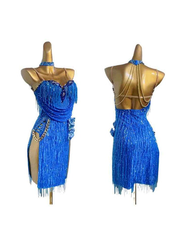 Custom Size Blue Beads Fringe Latin Dance Dresses for Women Girls Latin Salsa Chacha Rumba Competition Costumes