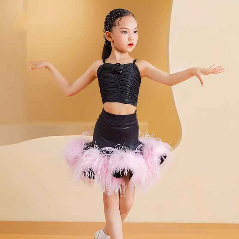 Pink Ostrich Feather Competition Latin Dance Dresses for Girls Kids Salsa Rumba Chacha Ballroom Party Stage Performance Clothes Dancewear