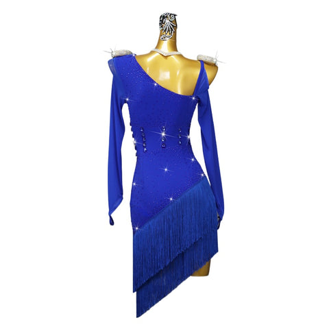 Royal Blue Fringe Competition Latin Dance Dresses for Women Girls Slant Neck One Shoulder Professional  Rhythm Cha Cha Jive Salsa Stage Performance Costumes