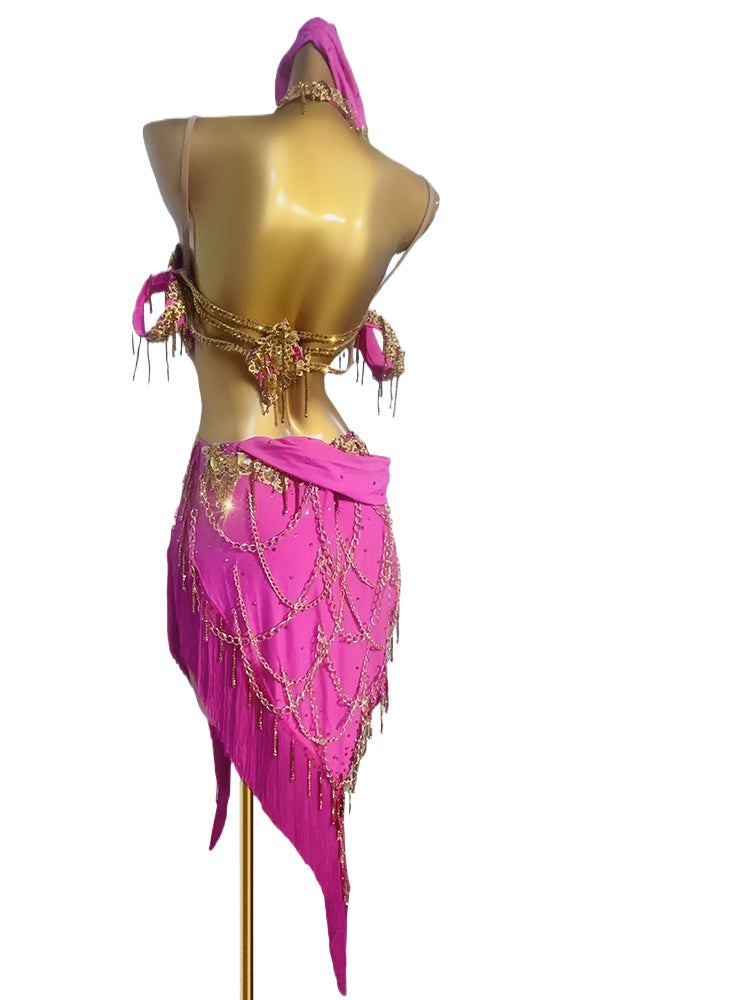 Custom Size Gold with Green Pink Fringe Competition Latin Dance Dresses for Women Girls Kids Latin Salsa Rumba Blackpool Latin Solo Dance Costumes