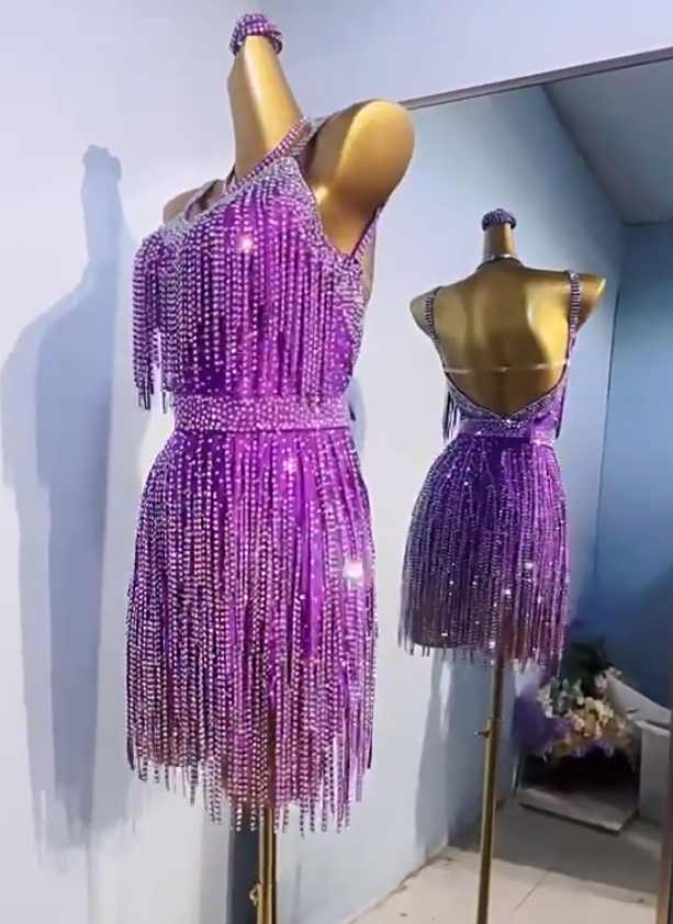 Custom Size Purple Bling Fringe Competition Latin Dance Dresses for Women Girls Kids Salsa Rumba Chacha Black Pool Latin Dance Costumes