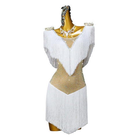 White with Flesh Competition Fringe Latin Dance Dresses for Women Girls Sparkling Solo Salsa Rumba Chacha Dance Flower Clothing