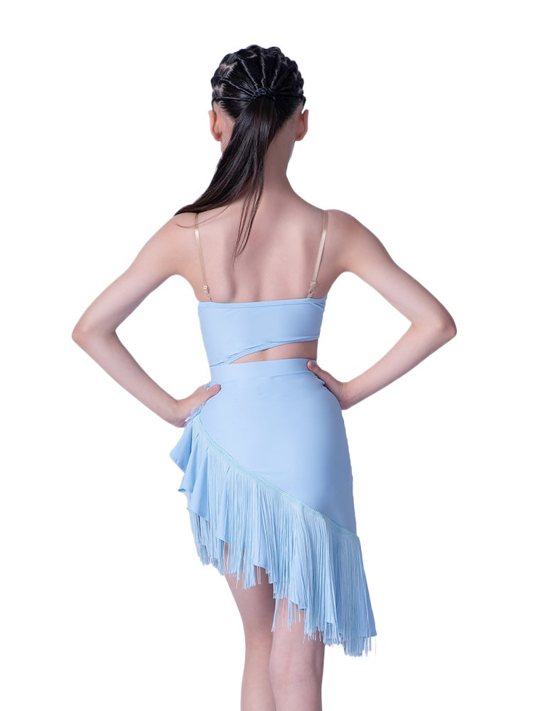 Girls Light Blue Flowers Fringe Latin Dance Dresses Slant Neck Salsa Rumba Cha Cha Dance Costumes for Kids