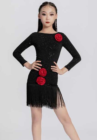 Black Pink Rose Flowers Latin Dance Performance Dresses for Girls Kids Salsa Rumba Chacha Dance Costumes Modern Dance Skirts