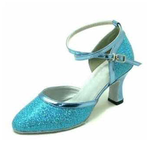 Turquoise Sequins latin ballroom dancing shoes soft rubber sole mid-heel waltz tango foxtrot smooth dance shoes for female