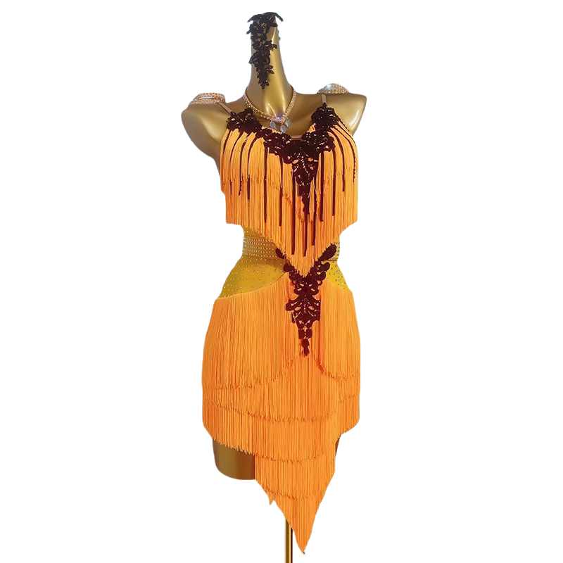 Custom Size Orange Fringe Competition Latin Dance Dresses for Women Girls Salsa Rumba Chacha Blackpool Dancingh Performance Clothing