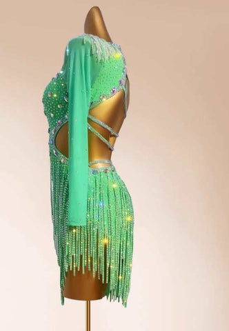 Custom size green fringed rhinestones Latin dance dress for women girls kids children salsa rumba chacha dance solo dance flower clothes blackpool art clothes