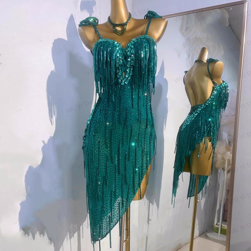 Custom Size Green Fringe Competition Latin Dance Dresses for Women Girls Salsa Rumba Chacha Latin Dance Costumes irregular skirts