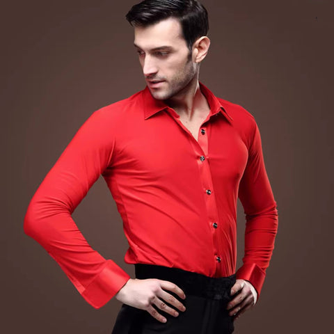 Men's Red White Black Latin Dance Shirt Long Sleeves Turn Down Collar National Standard Salsa Chacha Rumba Social Dance Performance Tops