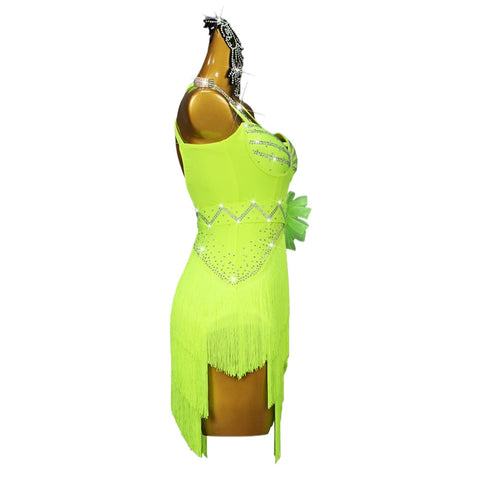 Fluorescent Yellow Latin Dance Competition Dresses for Girls Women Halter Neck Fringe Salsa Rumba Cha Cha Performance Costume