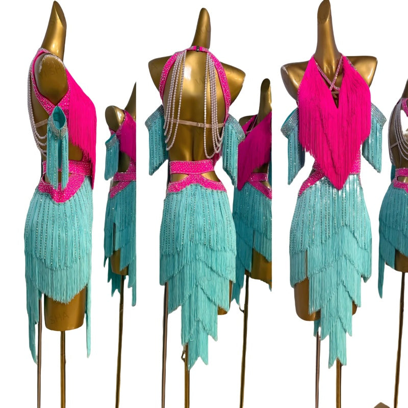 Custom Size Blue Pink Fringe Competition Latin Dance Dresses for Women Girls Salsa Rumba Blackpool Dance Costume