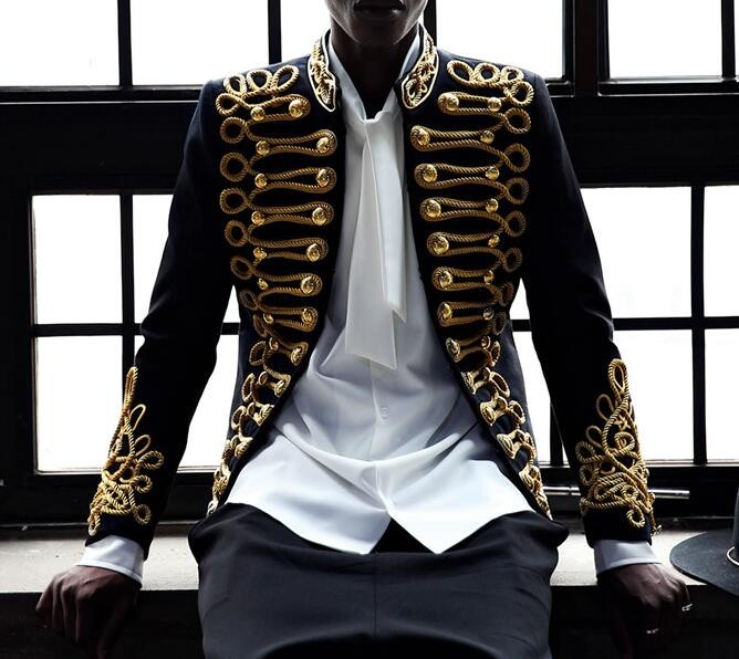 Jazz Dance Costumes Stand collar embroidery slim coat Men Classic Court Blazer Stage Costumes