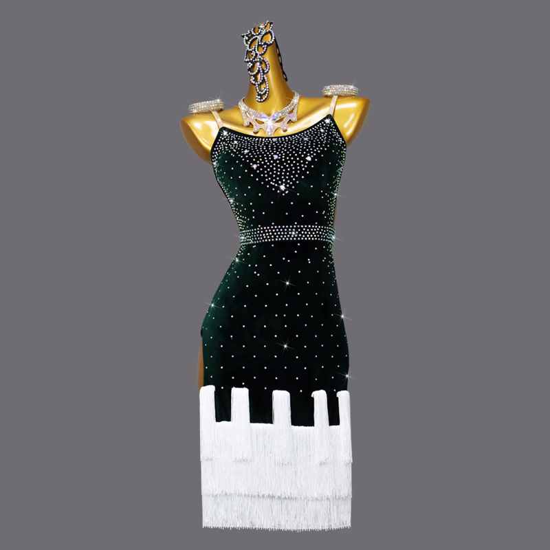 Women Girls Latin Dance Performance Competition Dresses Dark Green Velvet with White Fringe Bling Salsa Rumba Chacha Performance Costumes