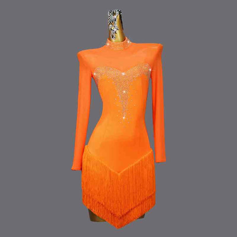 Professional Orange Latin Dance Dresses for Women Girls Fringe Rhinestones Ballroom Salsa Rumba Chacha Dance Contest Costume