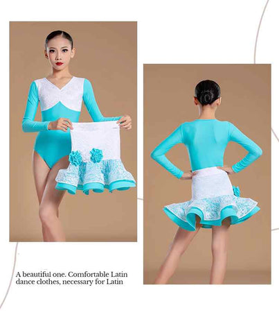 Turquoise White Lace Patchwork Latin Dance Dresses for Girls Kids Children Slasa Rumba Chacha Long Sleeve Lace Performance Outfits