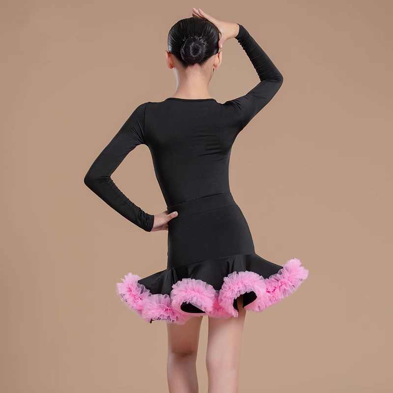 Children's Black with Pink Ruffles Latin Dance Dresses Salsa Rumba Chacha Performance Costumes Girls Party Performance Outfits