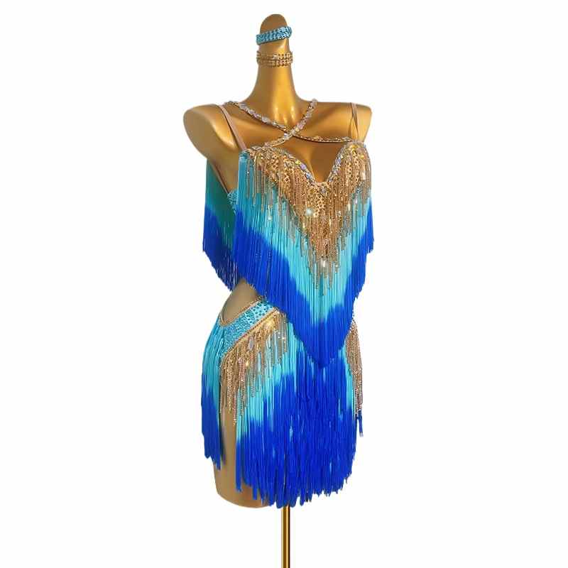 Custom Size Blue Gold Gradient Bling Fringe Competition Latin Dance Dresses for Women Girls Kids Salsa Rumba Chacha  Performance Skirts