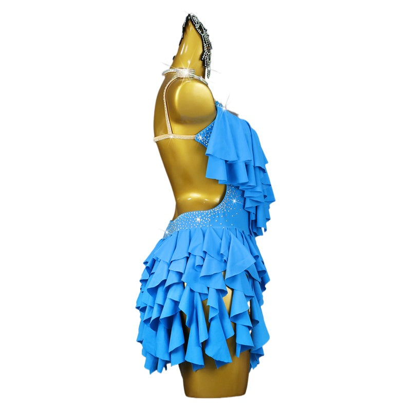 Turquise Ruffles Fringe Latin Dance Dresses for Women Girls Salsa Rumba Chacha Latin Performs Costumes