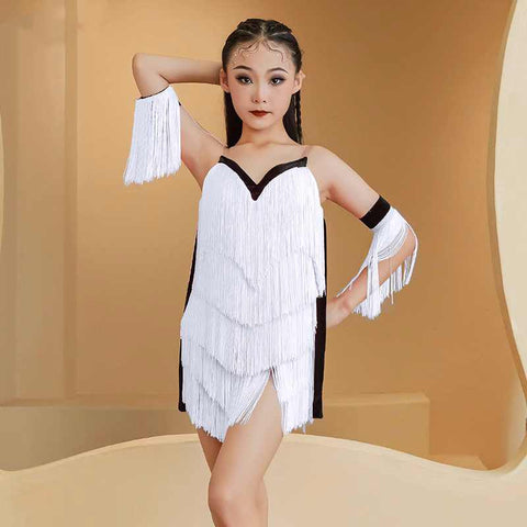 Pink White Fringe Latin Dance Dresses for Girls Kids Salsa Rumba Chacha Ballroom Standard Paty Competition Performance Costumes