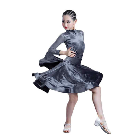 Grey Velvet Ballroom Latin Dance Dresses for Girlskids Competition Latin Salsa Rumba Chacha Performance Party Dancing Clothes