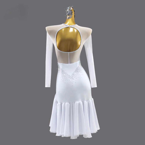 Professional White Ruffles Latin Dance Dresses for Women Girls Long Sleeve Bling Salsa Rumba Chacha Dance Performance Outfits