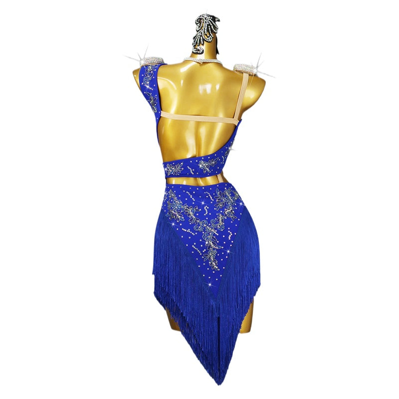 Royal Blue Fringe Latin Dance Dresses for Women Girls Slant Neck Salsa Rumba Chacha Latin Competition Performance Costume