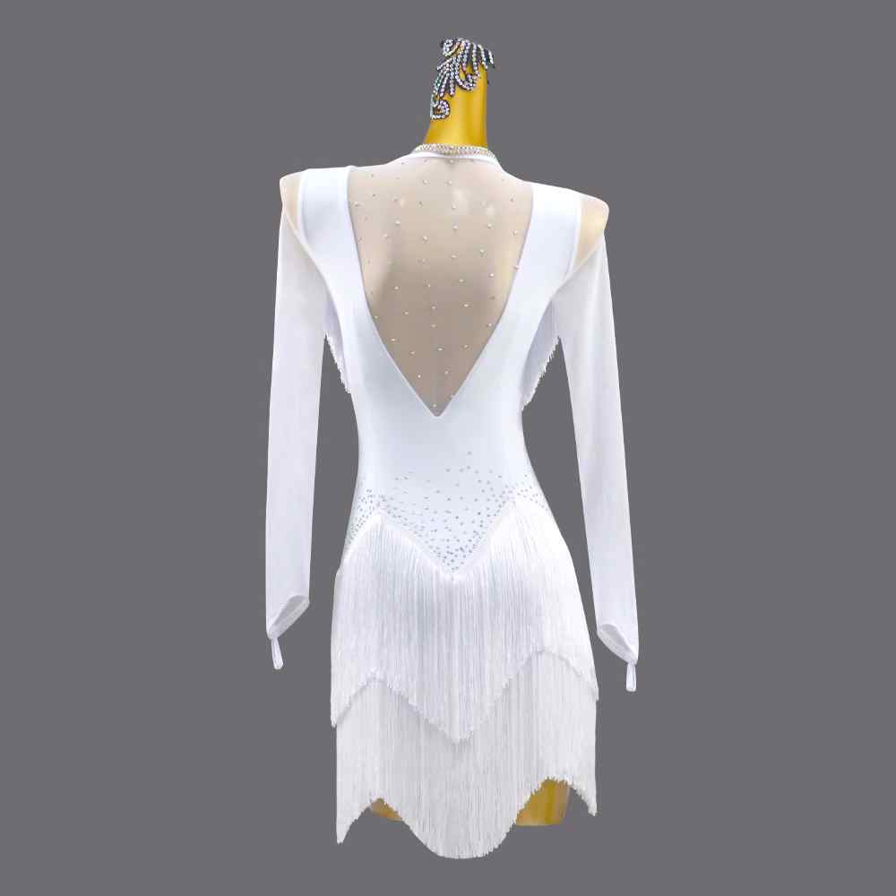 Women Girls Rhinestones Competition White Latin Dance Dress for Women Girls Competition Diamond Salsa Rumba Chacha Long Sleeves Performance Outfits