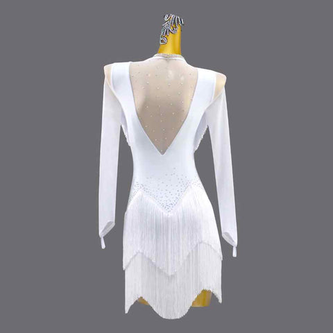 Women Girls Rhinestones Competition White Latin Dance Dress for Women Girls Competition Diamond Salsa Rumba Chacha Long Sleeves Performance Outfits