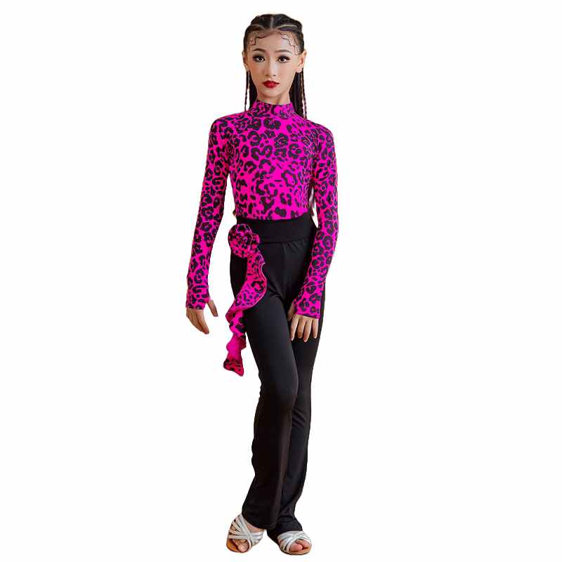 Fuchsia Leopard Print Latin Dance Costumes Kids Girls Salsa Ballroom Chacha Latin Dance Practice Dancing Shirt and Pants