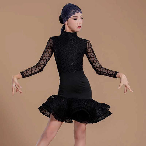 Black Lace Ballroom Latin Dance Dresses for Girls Kids Ballroom Latin Dance Practice Clothes Salsa Chacha Performance Outfits for Children