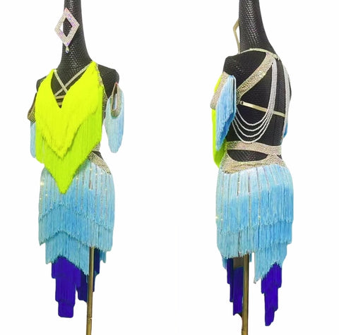 Custom Size Blue Green Fringe Competition Latin Dance Dresses for Women Girls Salsa Rumba Chacha Latin Solo Dance Clothing