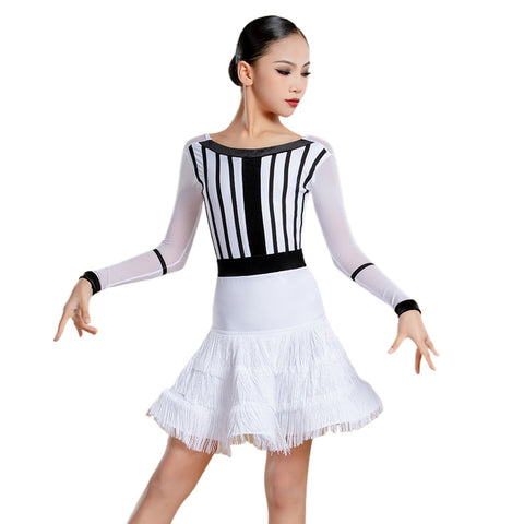 Girls Black White Stripe Fringe Competition Latin Dance Dresses for Kids Children Salsa Rumba Chacha Ballroom Performance Outfits