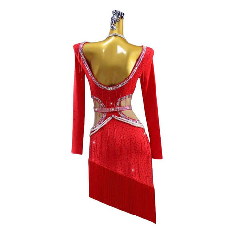 Red fringe competition Latin dance dresses for women girls salsa samba chacha gemstones bling performance costume