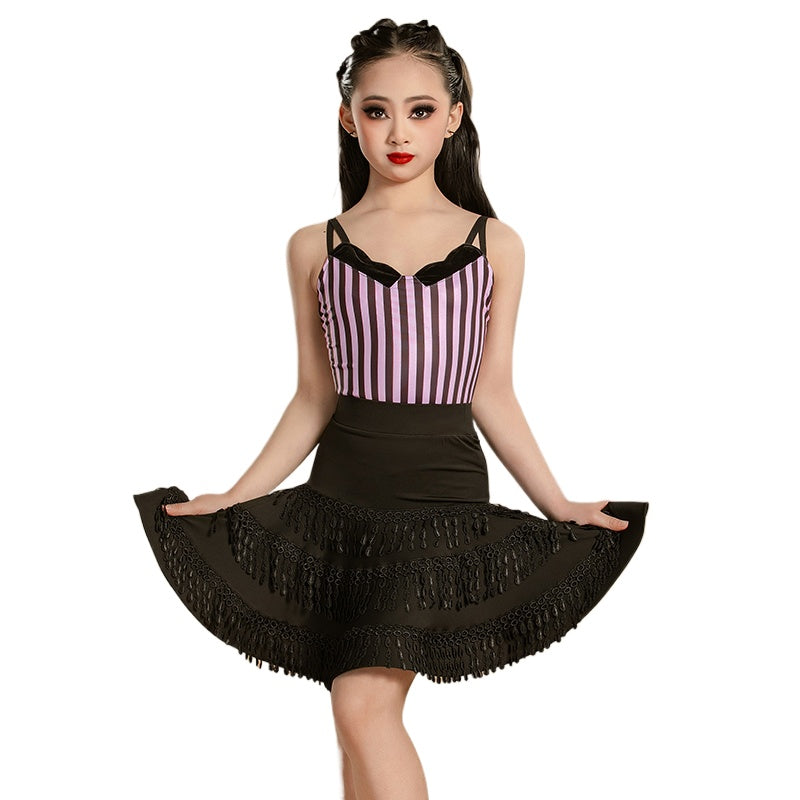 Girls Purple Striped Fringe Latin Dance Dreses for Kids Children Beads Tassels Salsa Rumba Chacha Performance Costumes