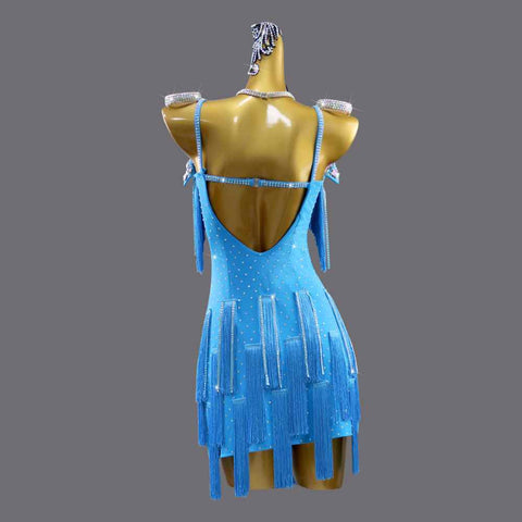 Custom Size Turquoise Fringe Competition Latin Dance Dresses for Women Girls Bling Salsa Rumba Chacha Latin Tassel Performance Outfits