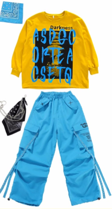 Kids Hip Hop Street Jazz Dance Costumes Boys Girls Blue Yellow Hiphop Fried Street Model Show Rapper Singers Catwalk Trendy Outfits for Children