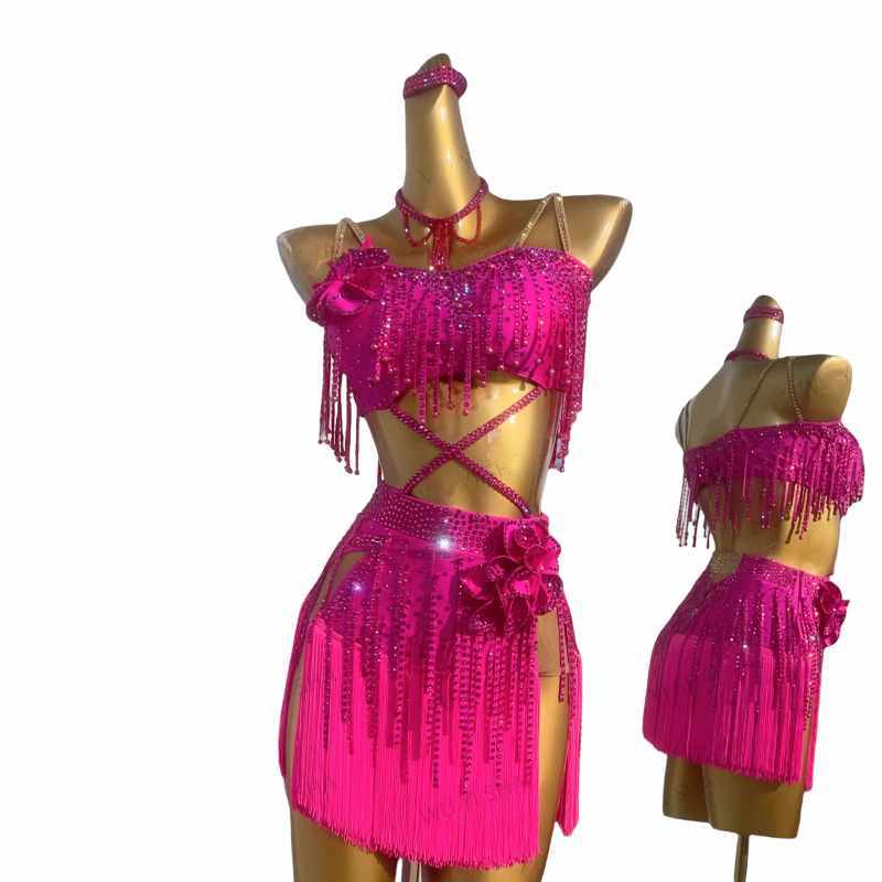 Custom Size Women Girls Hot Pink Rhinestones Fringe Latin Dance Dresses Competition Salsa Rumba Chacha Performance Dance Wear