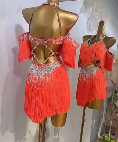 Custom Size Orange Fringe Competition Latin Dance Dresses for Women Girls Salsa Rumba Chacha Performance Costumes