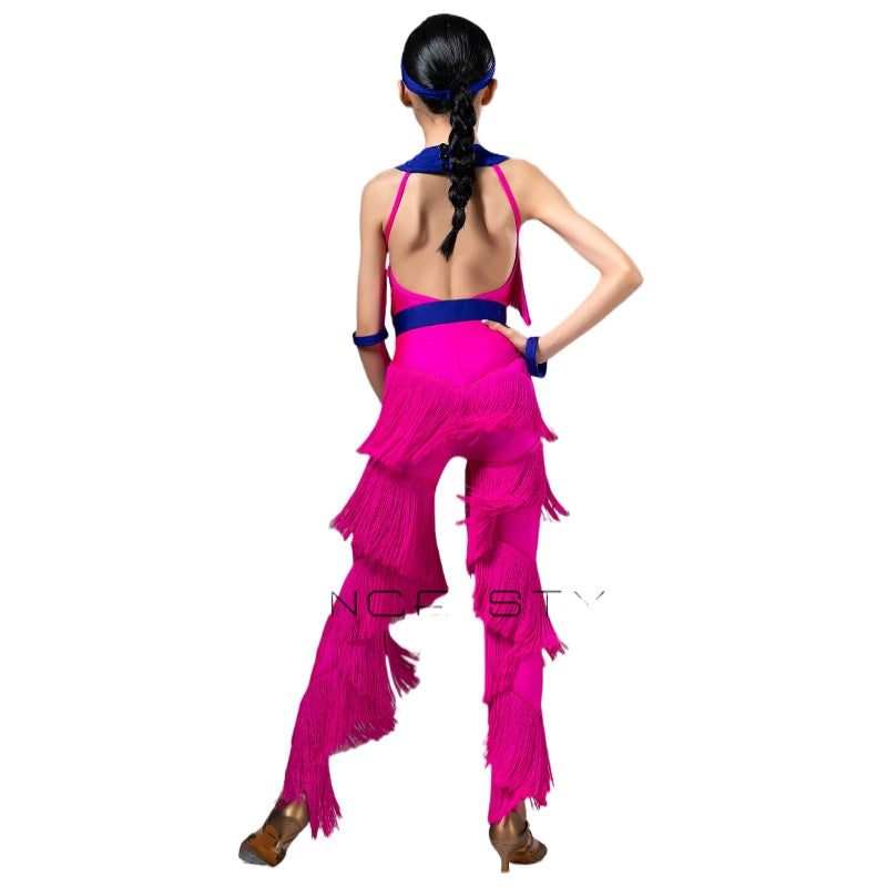 Hot Pink Blue Fringe Latin Dance Costumes for Kids Girls Salsa Rumba Chacha Dancing Jumpsuit Modern Performance Rompers for Children