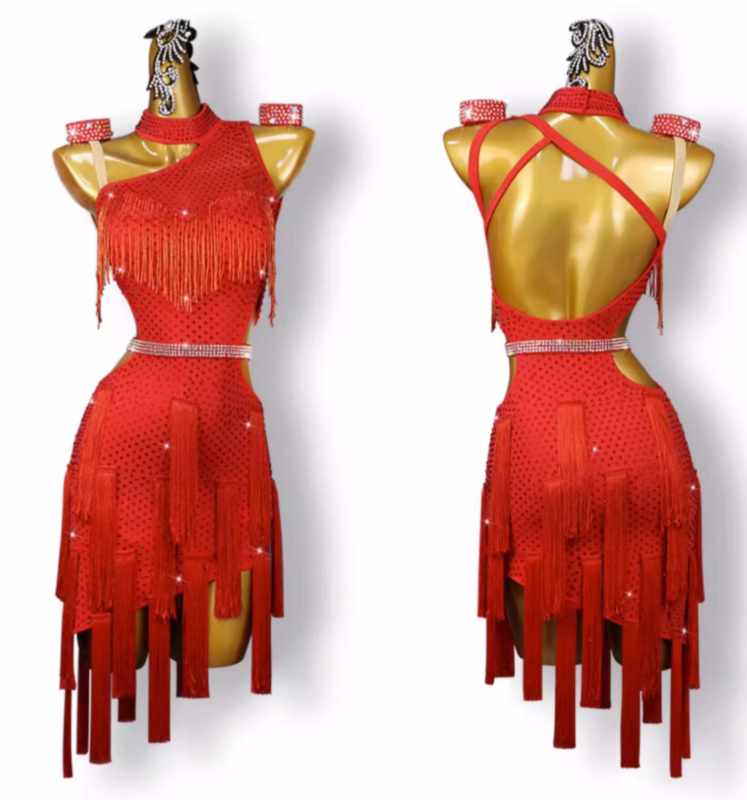 Red One Shoulder Fringe Competition Latin Dance Dresses for Girls Women Professional Salsa Rumba Chacha Dance Clothing