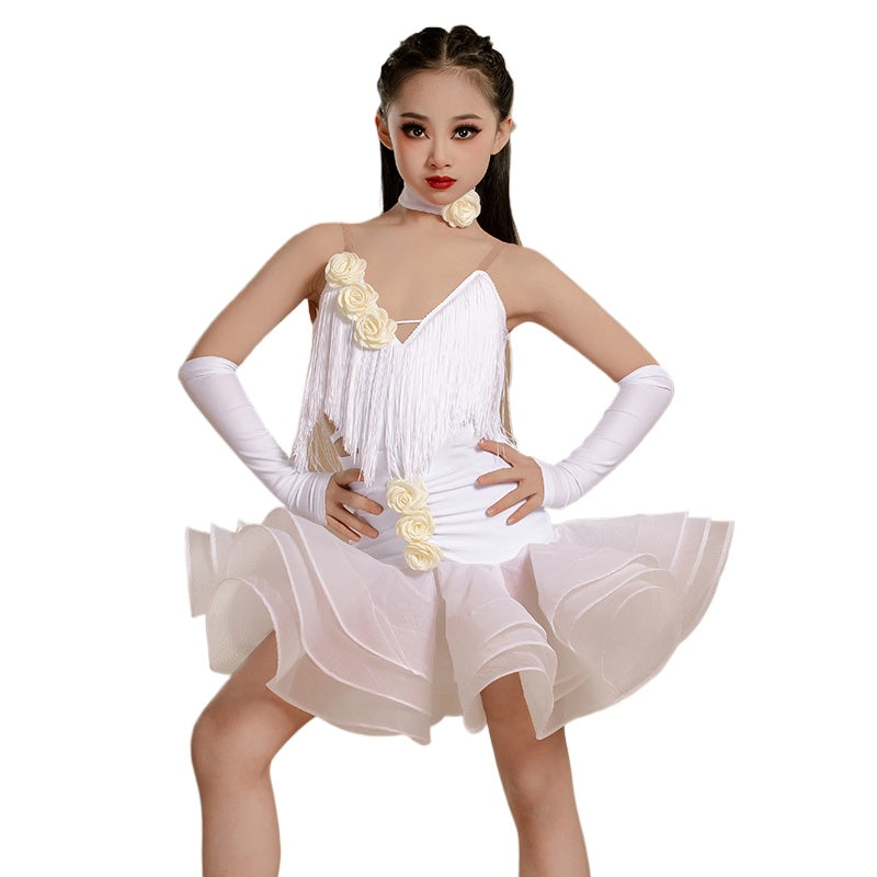 Neon Green Red Fringed Latin Dance Dresses for Girls Kids Salsa Rumba Chacha Event White Latin Performance Costumes