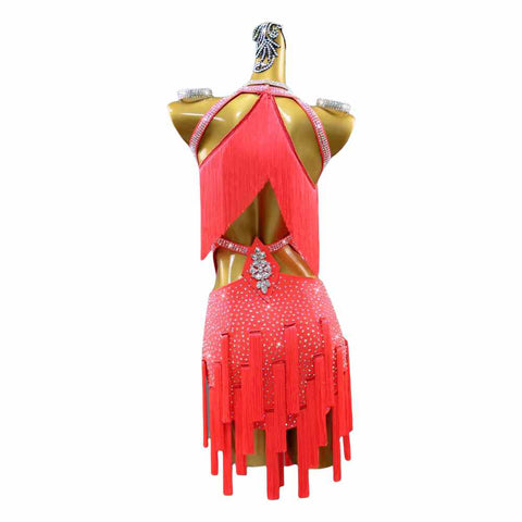 Coral Fringe Competition Latin Dance Dress for Girls Kids Adult Performance Clothing  Salsa Rumba Chacha Dancing Clothing Blackpool Regulations Dance Wear