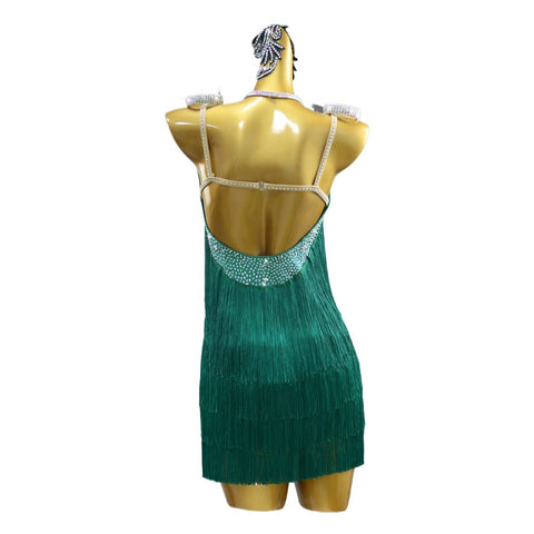 Women girls dark green fringe competition Latin Dance Dress salsa rumba chacha jive latin dancing  Clothing Blackpool outfits