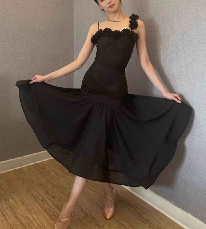 Women girls One Shoulder Slant Neck Flowers Ballroom Dance Dresses  Burgundy Black Waltz Tango Foxtrot Smooth Dance Rhythm Performance Long Skirts