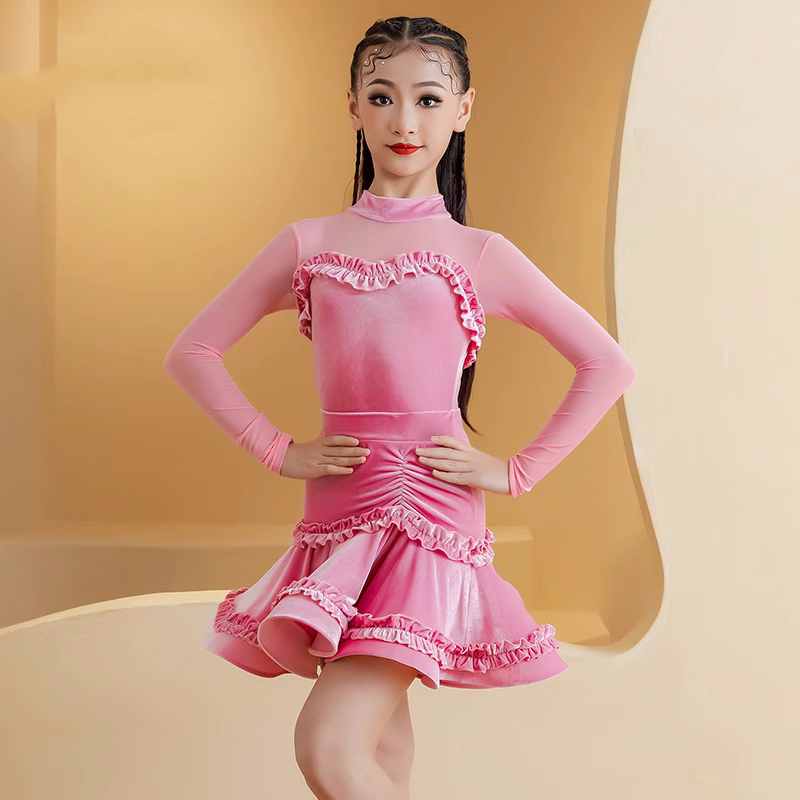 Pink Green Velvet Lace Latin Dance Dresses for Girls Kids Salsa Rumba Chacha Ballroom Professional Dance Performance Competition Outfits for Children