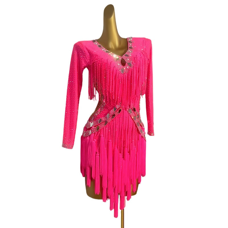 Custom Size Fuchsia Turquoise Green Fringe Latin Dance Dresses for Women Girls Professional Salsa Latin Rhythm Competition Dancing Costumes Modern Dance Skirts